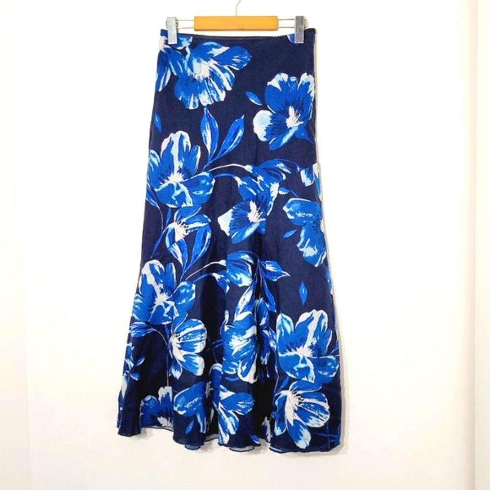 💖Julie Mitchell Fit Flare Maxi Skirt Blue Tropical Floral Linen Blend